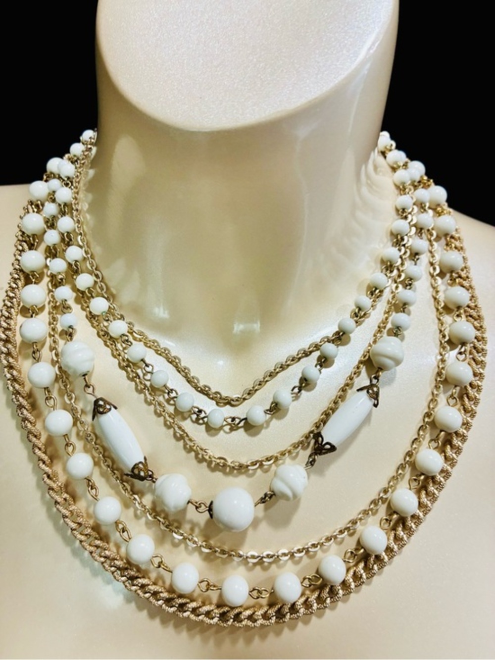 Signed Multi-Strand White Bead and Gold Chain Statement Necklace MCM Retro EUC